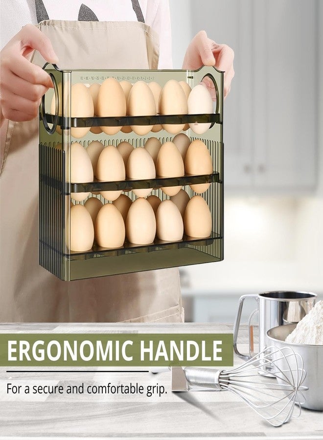 فليكسزيون منظم بيض الثلاجة القابل للطي من فليكسزيون - حامل رفيع لباب الثلاجة، سعة 30 بيضة، حاوية تخزين شفافة من 3 طبقات مع مؤشر نضارة، أخضر - Image 3